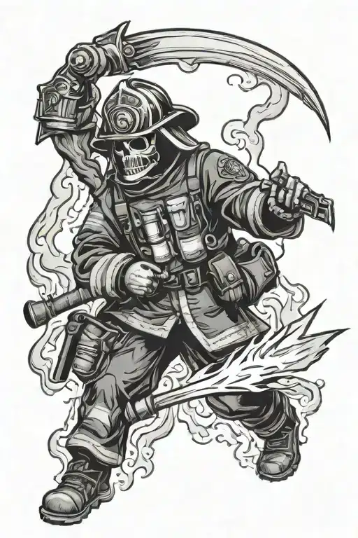 Firefighter In Gear Fighting Fire With Grim Reaper In Mask