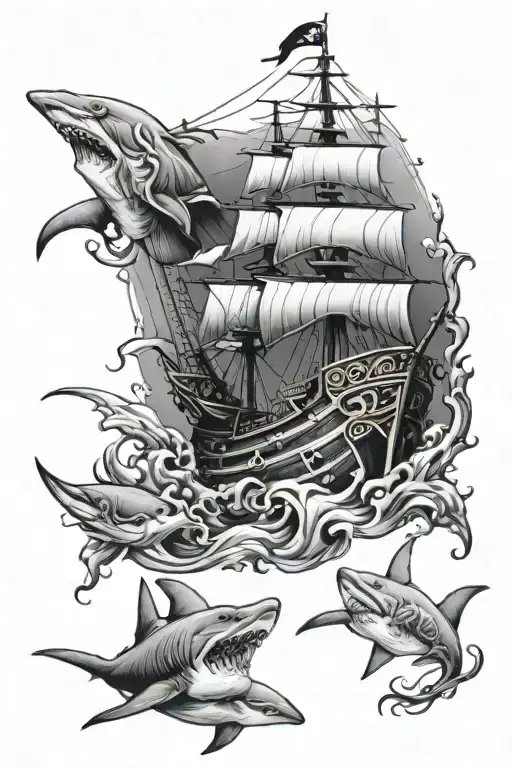 Pirate Ship And Underwater Shark Swimming