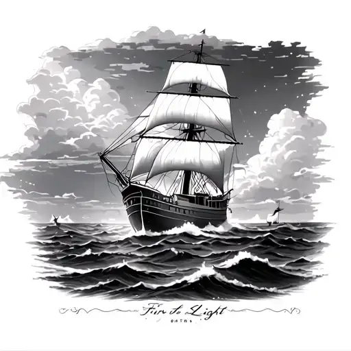 A Shoulder Sleeve With A Big Sailboat Called The First Light On The Ocean With Clouds Above