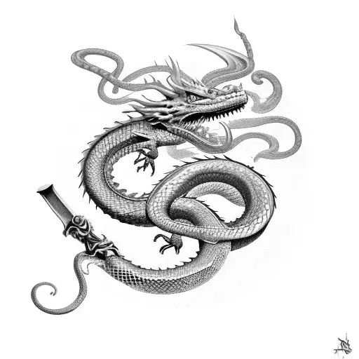 Dragon And Snake Revolving Around Sword