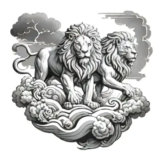 Path In Clouds With Two Lion Statues On Each Side