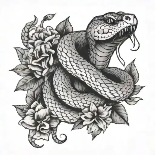 Snake With Tongue Hanging Out And Flowers