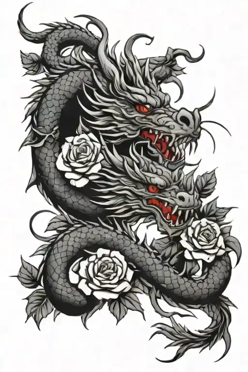Japanese Dragon With Roses Intertwined Within Her She Tattoo