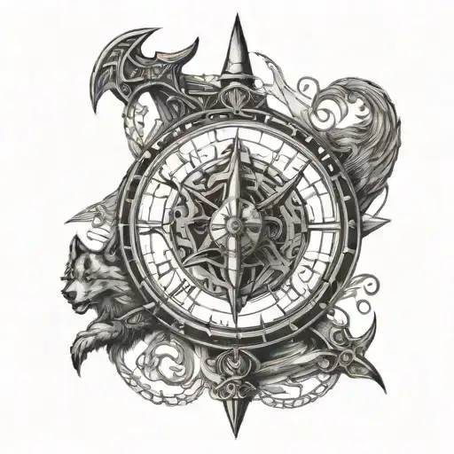 Viking Compass Battle Axes Crossed Beneath With A Wolf