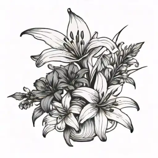 Single Line Lily Flower And Blue Bonnet Flower In A Vase Minimalistic