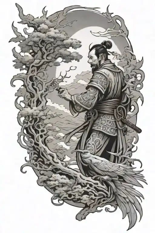 Ronin Samurai In Forrest With Phoenix Flying Above