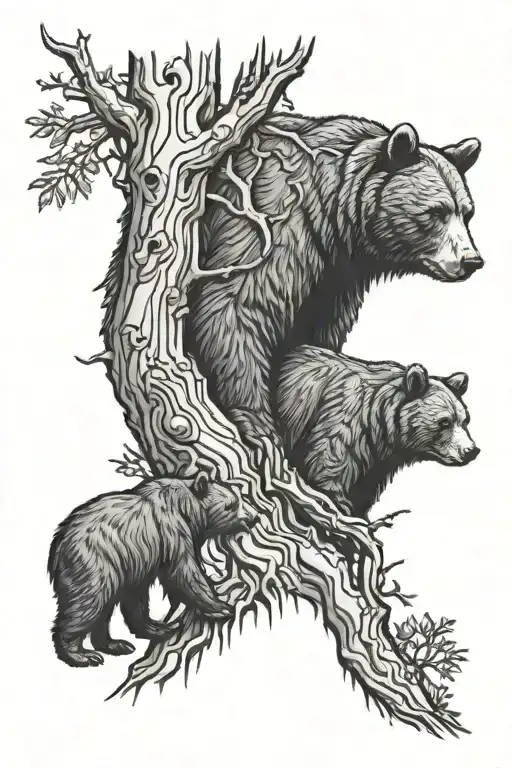 Bear In Front Of Tree With Cubs Climbing The Tree Growing