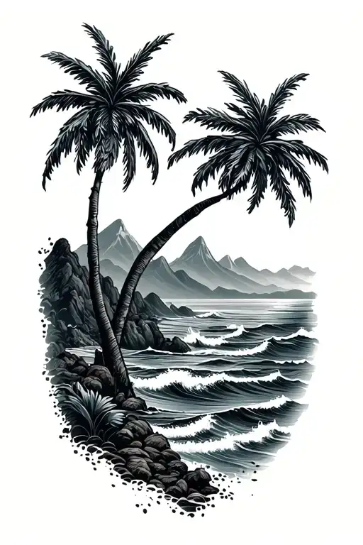 Palm Tree And Mountains And Waves