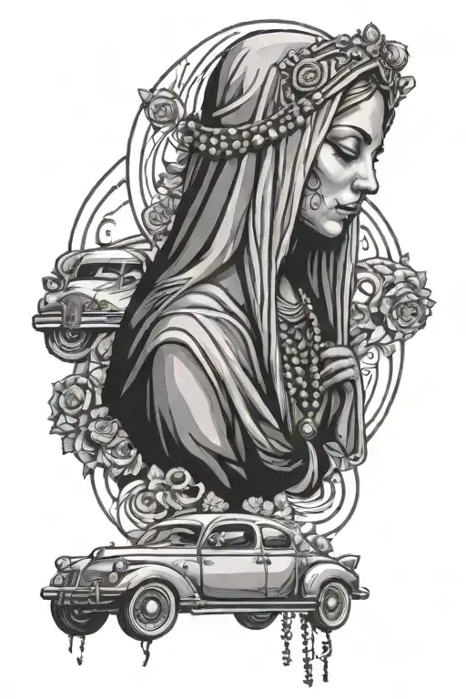 Virgin Mary With A Low Rider Car And Rosary Wrapped With Some Dice