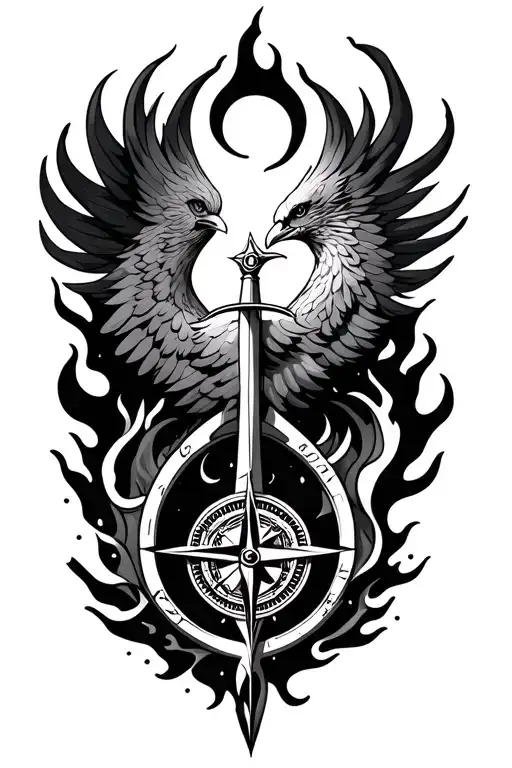 Phoenix And A Compass With Flames