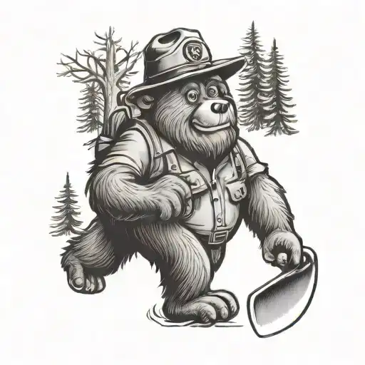 Smokey The Bear In A Campground Sorounded With Trees Posing With Shovel