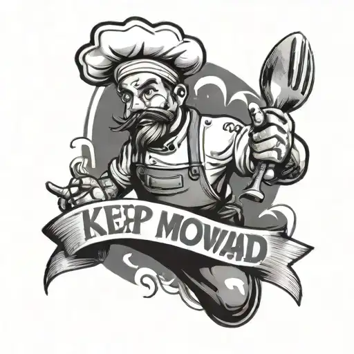 A Black And Grey Tattoo Of A Chef Character From A Video Game With The Quote 'Keep Moving Forward'