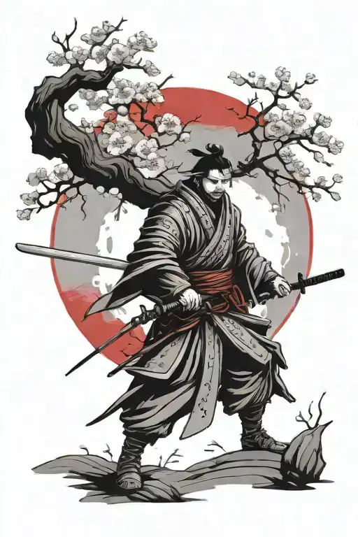 Lonely Ronin Samurai Next To Cherry Blossom Tree With Red Moon Behind Him