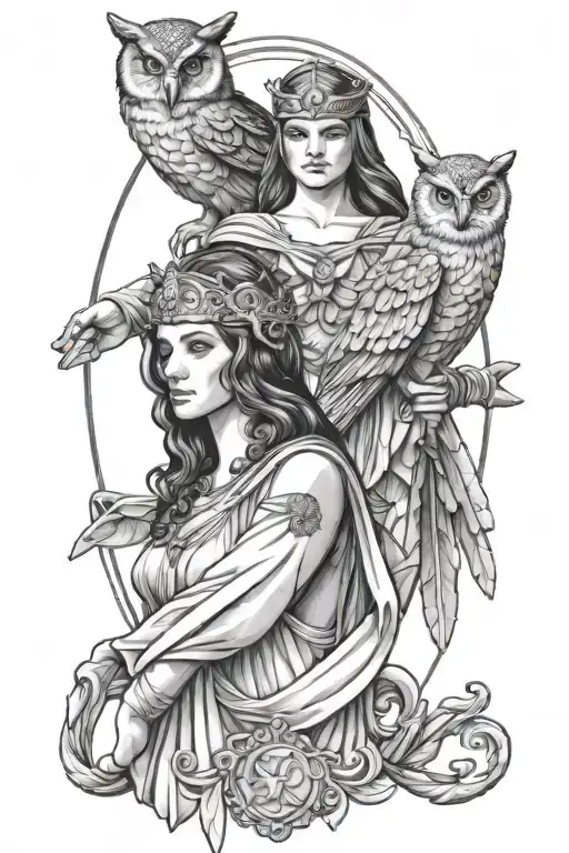 Athena With Owl Perched And Artemis With A Bow