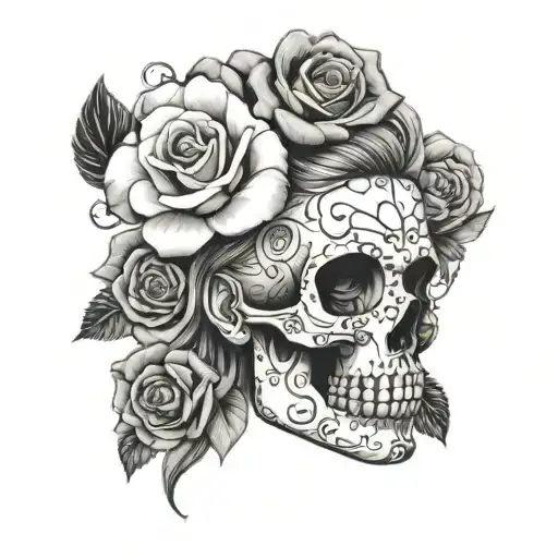 A Woman's Face And In The Middle A Skull With Some Roses