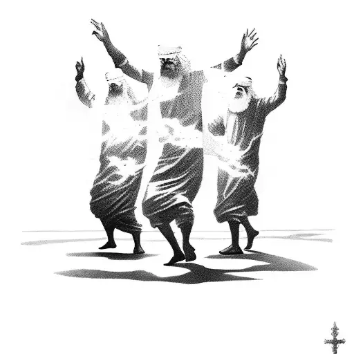 Three Old Testament Middle Eastern Men And The Holy Spirit Dancing Around A Blazing Fire