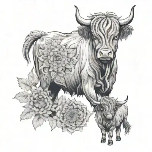 Highland Cow With Baby Cow And Flowers And Autumn Leaves And A Mandala And Sunflower