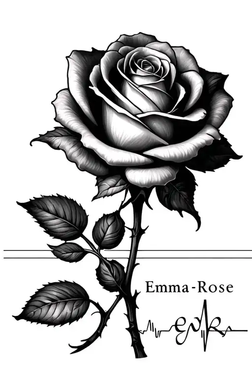 Rose Tattoo With The Stem Being The Name Emma-rose And Part Of The Stem Is An Ekg