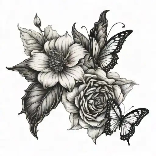 Fine Line Different Flowers With Butterfly