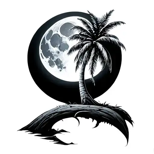 A Palm Tree With A Moon And Silver