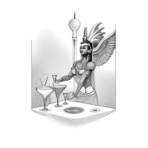 A Sphinx Bartender Mixing Drinks With A Pyramid In The Background
