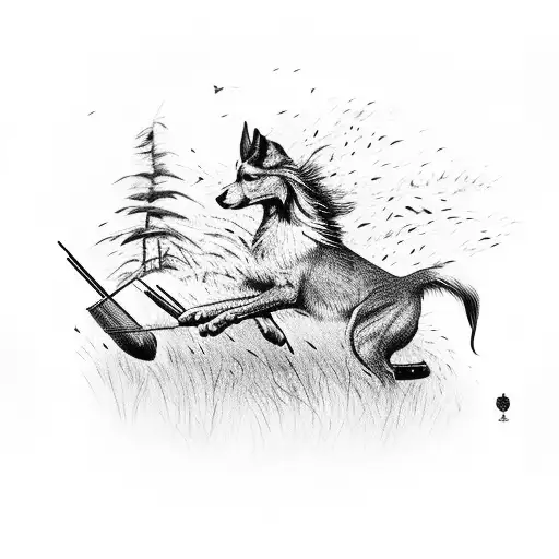Hunting Shooting Over A Pointing Dog With Tall Grass And Pheasants Flying