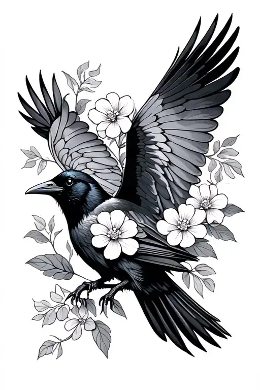 A Flying Crow Holding Lantana Blossoms In Its Beak