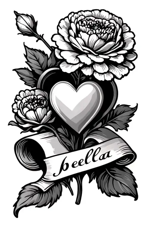 Carnation And Heart With The Word Bella On A Scroll