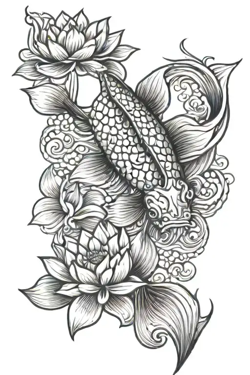Koi Fish Swimming Upstream With Lotus Flower