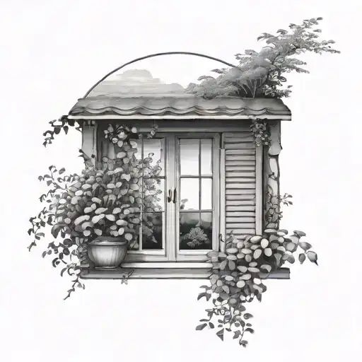 An Elegant Cottage Window With Shutters Surrounded By A Lush Nature Landscape In Black-grey Style