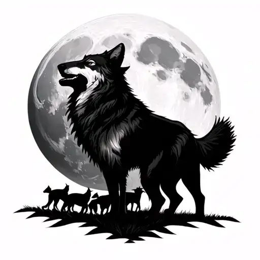 Wolf Howling At The Moon With A Pack Silhouette Surrounded