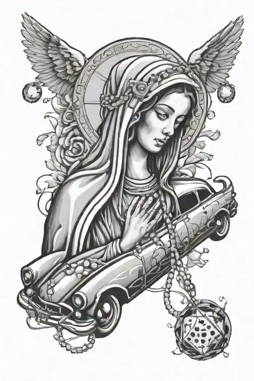 Virgin Mary With A Low Rider Car And Rosary Wrapped Around The Arm With Dice