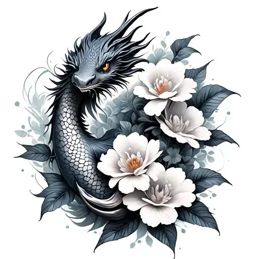 Flowers With Pes Koi With A Dragon