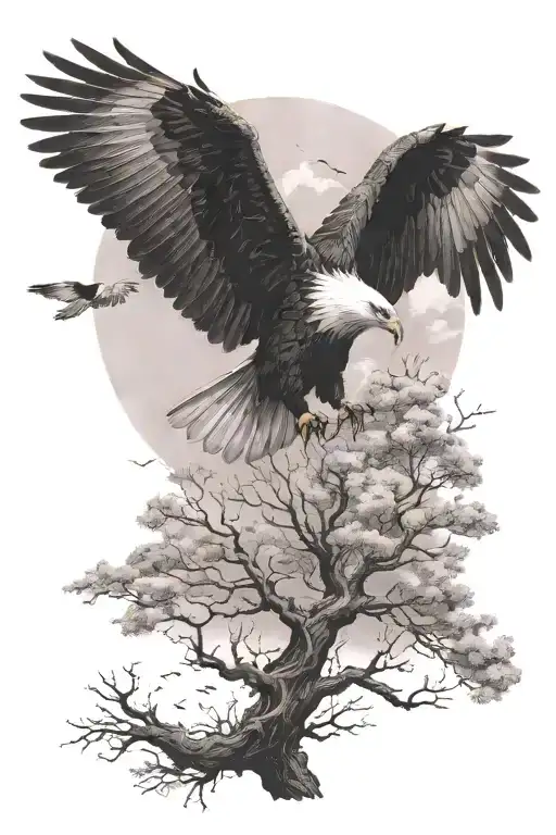 An Eagle Flying Over A Tree With A Raven And A Pond With A Swan