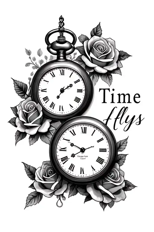 Pocket Watches Surrounded With Roses And The Word Time Flys