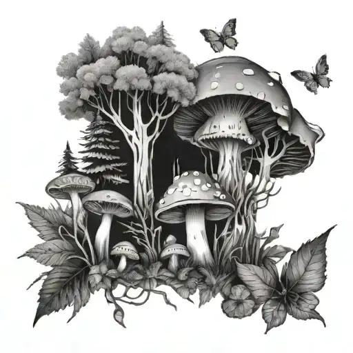 Forest With Mushrooms And Moths
