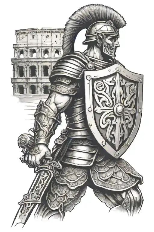 Tattoo With Roman Soldier With Shield That Has The Colosseum As Background