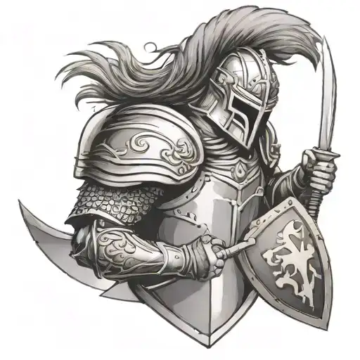 A Fierce Warrior In Battle Armor With A Focus Symbol As A Shield Or Weapon
