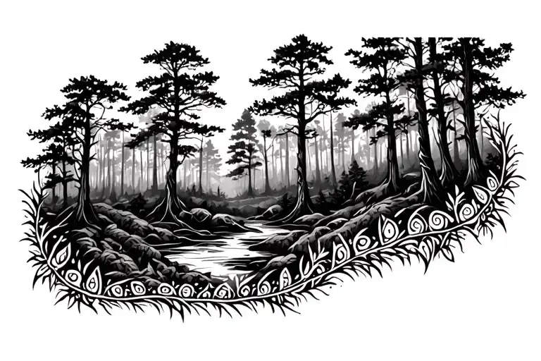 A Forest Scene With Tribal Borders Faded Inwards