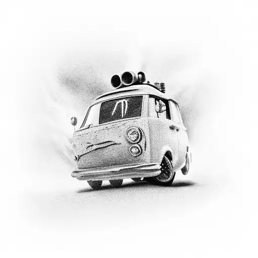 A Realistic Black And Grey Tattoo Of A Vintage Diecast Car Speeding Down A Winding Road