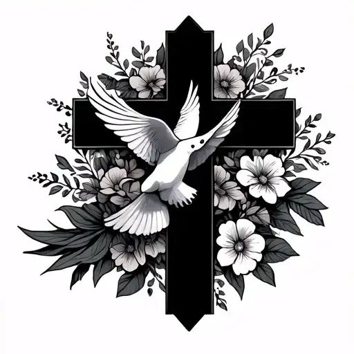 Dove Flying Above Religious Cross With Flowers Underneath