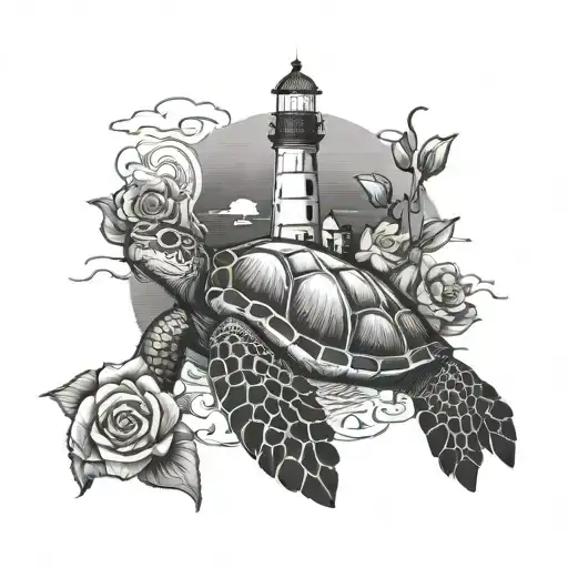 Sea Turtle With Rose And Lighthouse