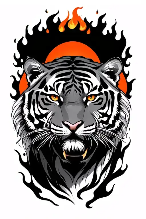 Japanese Tiger With Flames And Sun