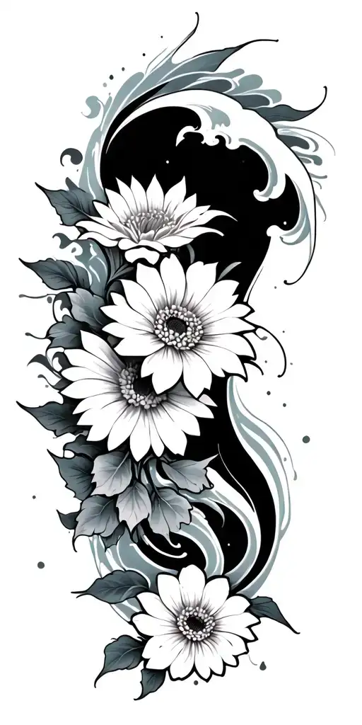 Irezumi Tattoo With Waves And Chrysanthemum Flower