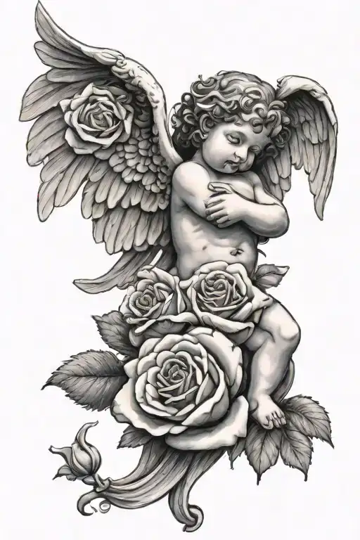 Cherub Angel With Roses Wrapped Tightly