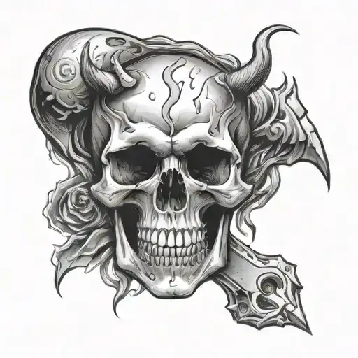 Human Skull With Devil Horns Burning Pierced By A Knife