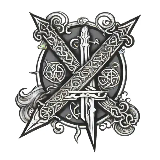 Nortic Runes Symbols And Sword Arm Sleeve Tattoo Design