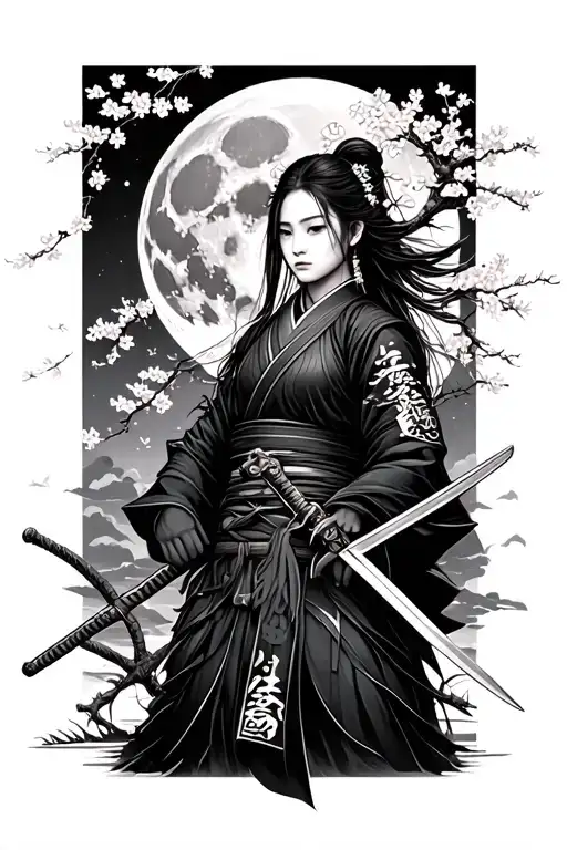 Beautiful Female Samurai Holding Two Swords Under The Moon And A Cherry Blossom Tree