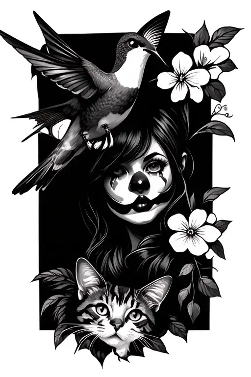 Clown Girl With Cat Hummingbird And Honeysuckle Flowers