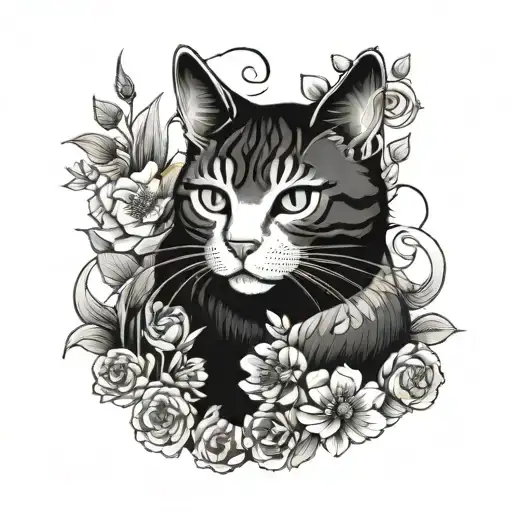 Japanese Cat And Flowers